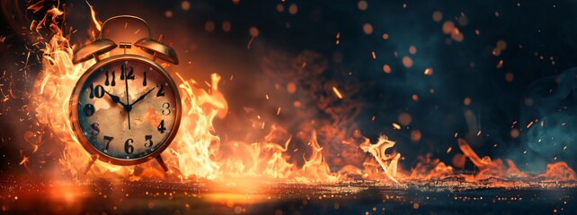 clock fire burning end depicted fiery with copy space