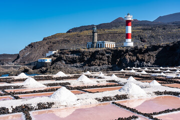 Sea salt production industry by the sea with two lighthouses in the south of the island of La...