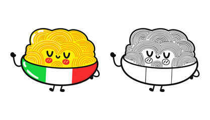 Plate of Spaghetti character outline cartoon illustration for coloring book. Vector hand drawn Spaghetti traditional cartoon vintage, retro, kawaii character. Isolated white background