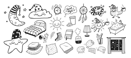 Bedtime sleep vector line art hand drawn illustrations set