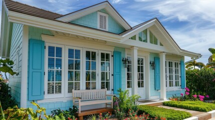 Fototapeta premium coastal cottage with shutters in varying shades of blue, mimicking the ocean's colors for a harmonious exterior