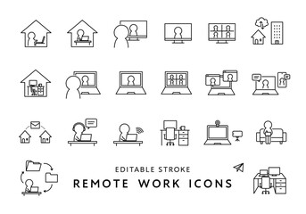 テレワーク・リモートワークにまつわるアイコンセット（モノクロ）