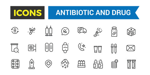 Antibiotic and Drug icons collection. Outline icons pack. Editable vector line icon set and illustration for web and UI application.