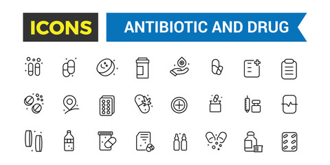 Antibiotic and Drug icons collection. Outline icons pack. Editable vector line icon set and illustration for web and UI application.