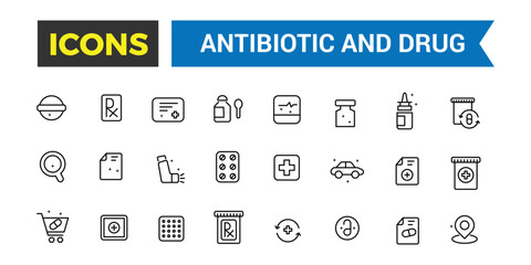 Antibiotic and Drug icons collection. Outline icons pack. Editable vector line icon set and illustration for web and UI application.