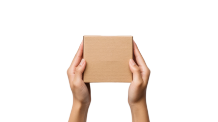 Hands holding blank box mockup on transparent background