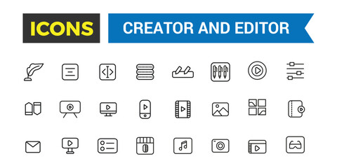 Creator and Editor icons collection. Set of editor icons for ui design isolated. Outline icons pack. Editable vector icon set and illustration for web and UI.