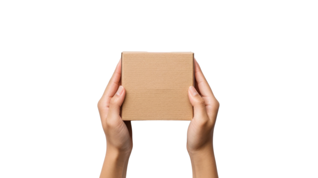 Hands holding blank box mockup on transparent background