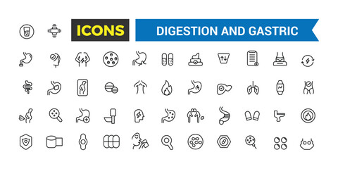 Digestion and Gastric icons collection. Outline icons pack. Editable vector line icon set and illustration for web and UI application.