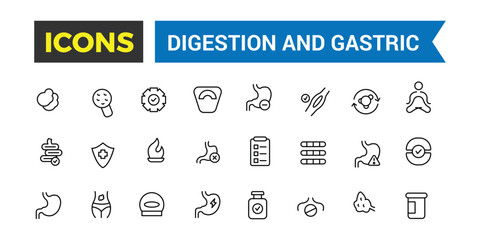 Digestion and Gastric icons collection. Outline icons pack. Editable vector line icon set and illustration for web and UI application.