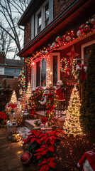 Fototapeta premium Traditional front garden Christmas lighting decor fairy lights wreath trees festive winter holiday home entrance outdoor decorations welcoming magical scene evening glow red seasonal night ambiance 