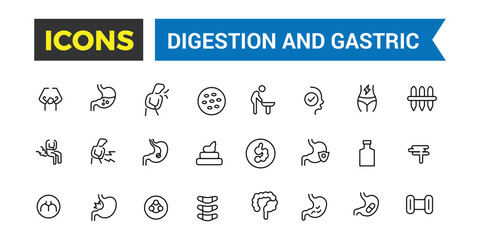 Digestion and Gastric icons collection. Outline icons pack. Editable vector line icon set and illustration for web and UI application.