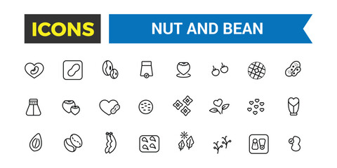 Nut and Bean icon set. Outline icons pack. Editable vector line icon set and illustration for web and UI application.