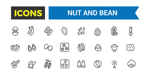 Nut and Bean icon set. Outline icons pack. Editable vector line icon set and illustration for web and UI application.