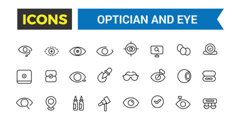 Optician and Eye icons set. Outline icons pack. Editable vector line icon set and illustration for web and UI application.