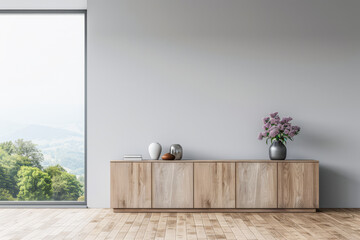 Stylish sideboard in a room with no people next to a window bathing the room with natural lighting. Elegant Real Estate interiors composition with minimal furniture.