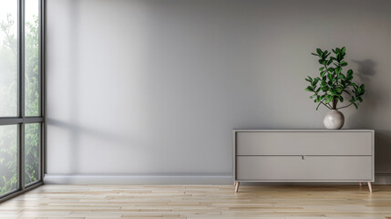 Stylish sideboard in a room with no people next to a window bathing the room with natural lighting. Elegant Real Estate interiors composition with minimal furniture.