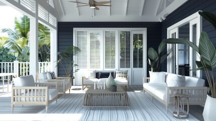 Fototapeta premium coastal getaway with Bahama shutters designed to withstand storms, in a robust navy blue