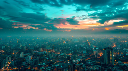 Fototapeta premium Fog over a huge city with tall buildings on a cloudy day
