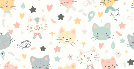 Cute Cat Faces and Hearts Seamless Pattern