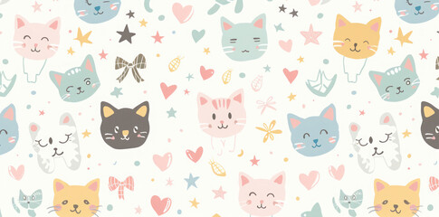 Cute Cat Faces and Hearts Seamless Pattern