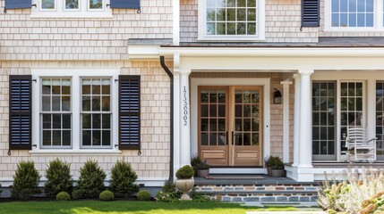 Fototapeta premium coastal New England home with weather-resistant Bahama shutters, blending with the traditional shingle style architecture