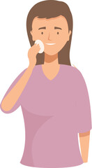 Young woman is removing her makeup using a cotton pad, promoting skincare