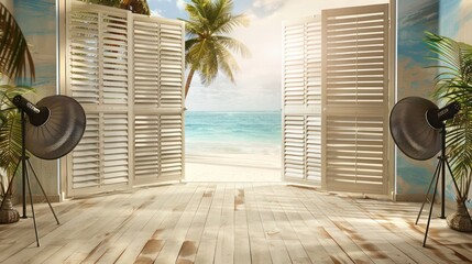 coastal photographer's studio with Bahama shutters in sandy beige, allowing control of natural light for perfect photo sessions