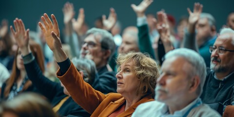 A diverse audience of cheerful adults with hands raised, voting and celebrating together at a community event.