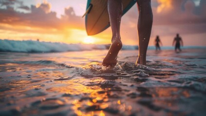 Surfer Walking Towards Ocean at Sunset with Vibrant Colors