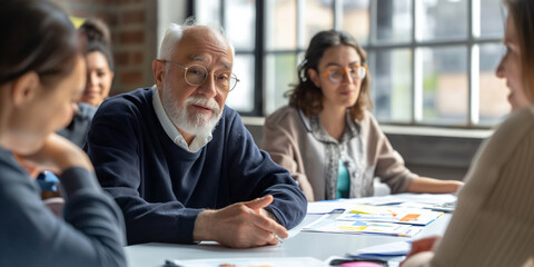 Fototapeta premium Diverse colleagues discuss paperwork during a planning meeting in an office, showcasing collaboration.