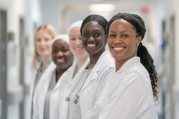 Obraz premium Diverse group of female healthcare professionals. Doctors and nurses smiling and standing together in hospital corridor.