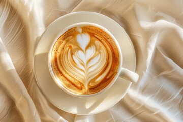 Aesthetic Coffee Latte Art on Warm Beige Fabric