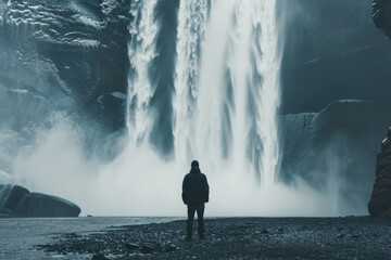 Obraz premium Person in YelloBack view of person in raincoat stands before misty waterfall, surrounded by rocky cliffsw Raincoat Stands Near Majestic Waterfall