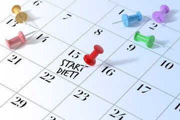 Concept Image of a Calendar with a Red Push Pin. The Words Start Diet Written on a White Notebook to Remind You an Important Appointment. 3d Rendering