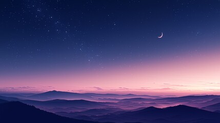 A View of the Night Sky over a Mountain Range with a Crescent Moon - Generative AI