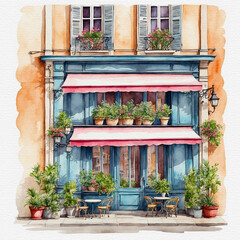 real watercolor french coffee shop cafeteria restaurant building street urban sketch watercolor paper
