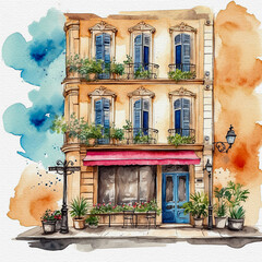 real watercolor french coffee shop cafeteria restaurant bar building street urban sketch watercolor paper