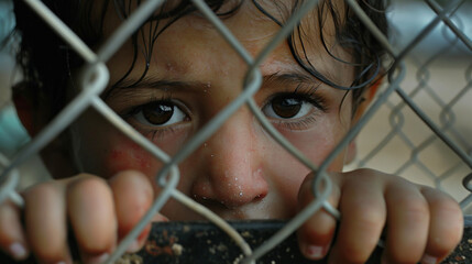 Close-up portrait of a child in a refugee camp, standing behind chain-link fence, with sad and desperate eyes. This image captures hardship faced by children affected by displacement and war.