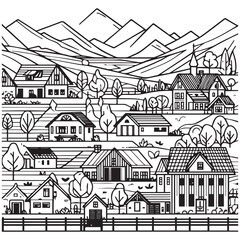 Naklejka premium Simple black outline rural village coloring page for children
