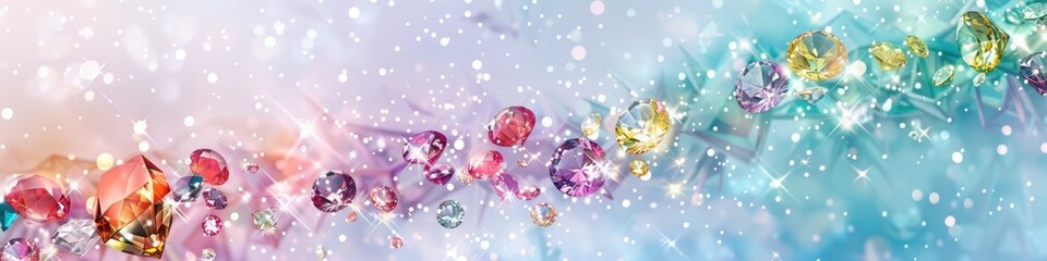 Luminous colorful gemstones bloom against a backdrop of light blue and pale violet, dotted  