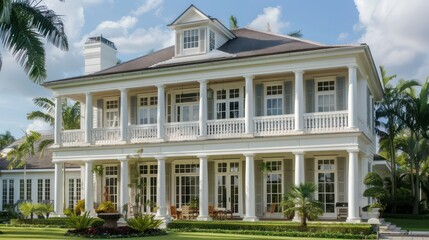 colonial mansion with Bahama shutters in classic white, maintaining the home's historic integrity while offering modern sun protection