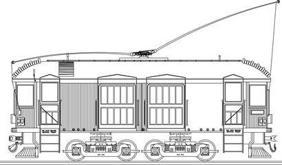Vector silhouette illustration sketch ethnic vintage classic old electric train car tram design detail drawing
