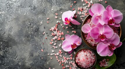 Plakat Pink sea salt and orchid flowers on a grey background Beauty and wellness concept with space for text Top view