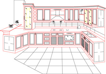 Vector silhouette illustration sketch, detailed drawing of kitchen interior architectural engineering design, kitchen set