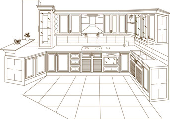 Vector silhouette illustration sketch, detailed drawing of kitchen interior architectural engineering design, kitchen set