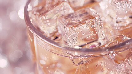 Close-up of ice cubes in a glass of sparkling soda
