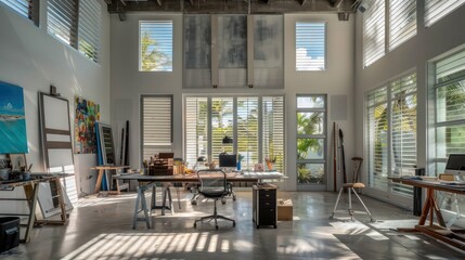 contemporary art studio with adjustable Bahama shutters, allowing artists to control the natural light as they work on their creations