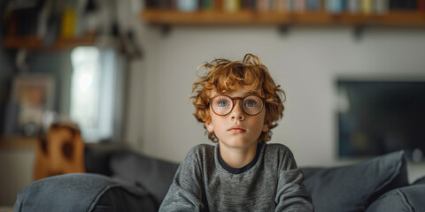 A young boy with curly hair and glasses, wearing a grey shirt, sitting on a couch, looking up thoughtful