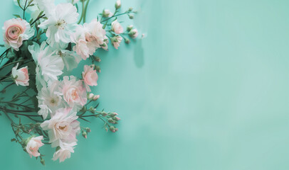 wedding bouquet of white and soft pink flowers a delicate light green background